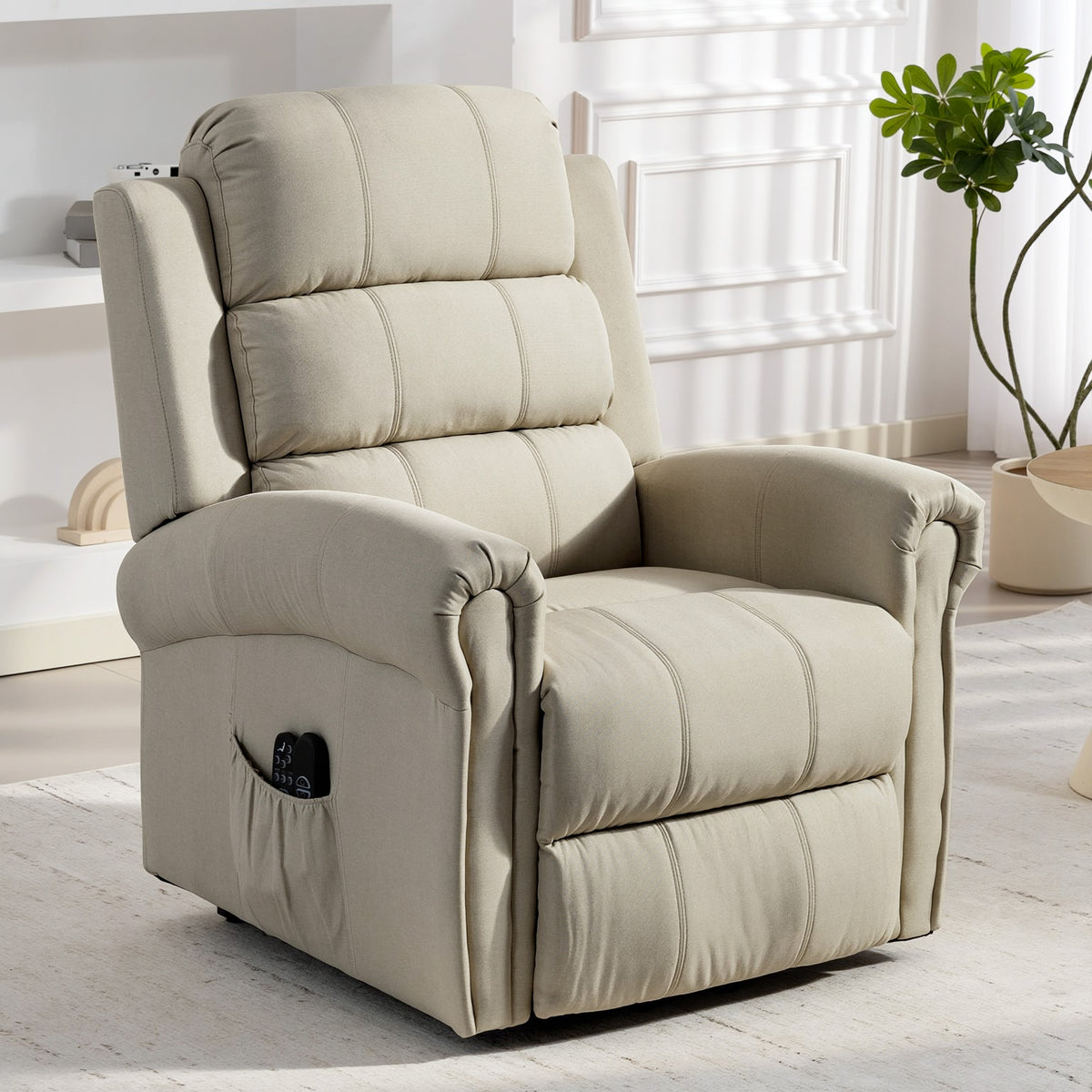 Massagestoel met sta-opfunctie, relaxfauteuil, vibratiepunten, met kantelfunctie, linnenlook, beige (2)