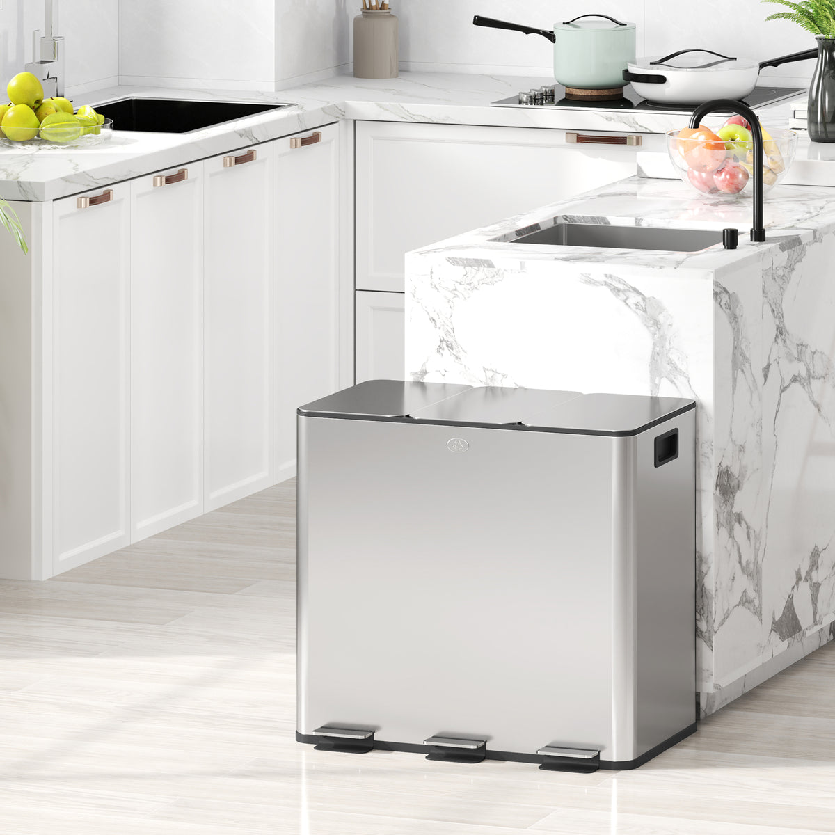 Prullenbak met 3 x 20 L vakken, deksel met geurfilter, vingerafdrukbestendig, soft-close, uitneembaar, zilver (2)