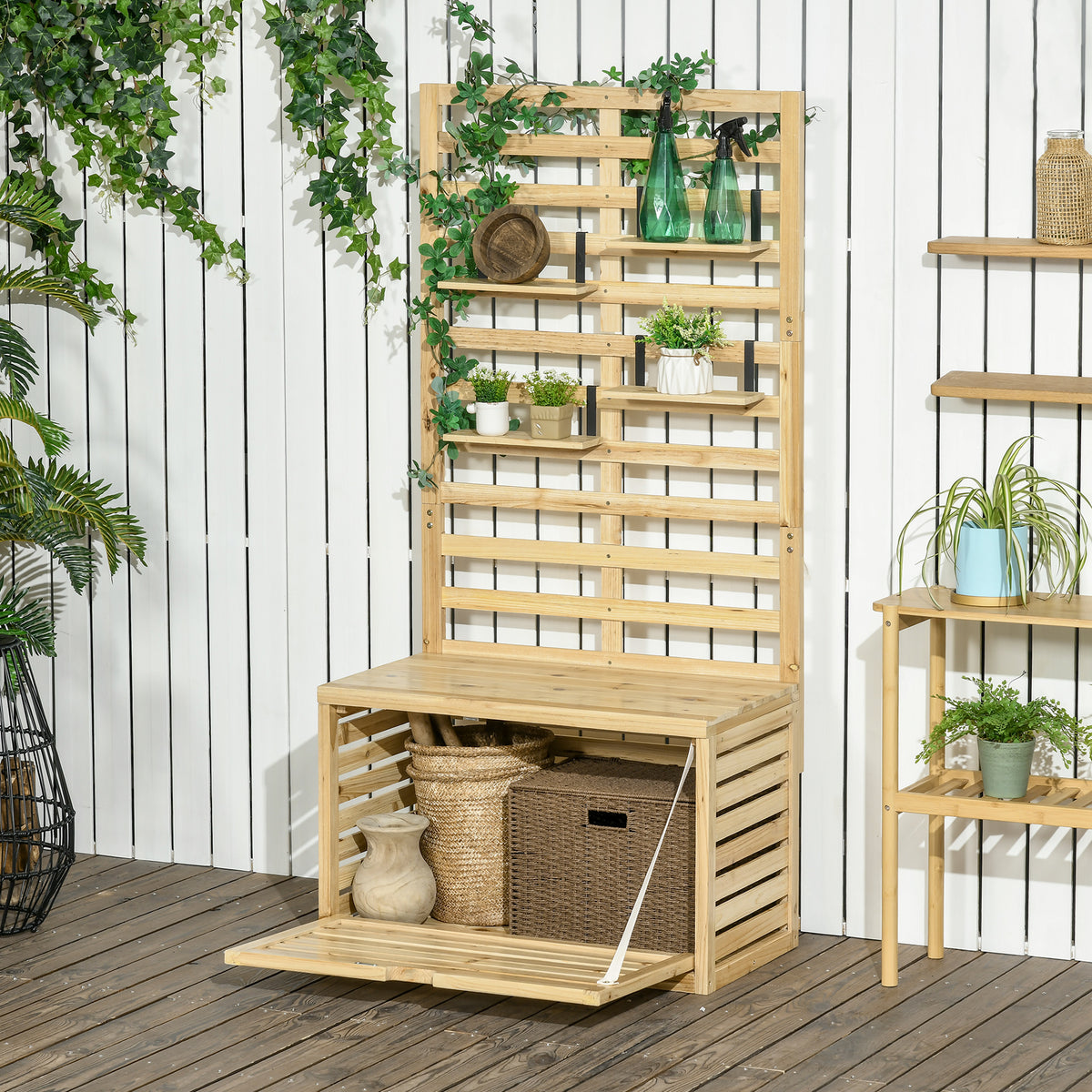 Opbergkast met latwerk, 4 hangplanken, magnetische deur, massief hout, naturel, 80 x 45 x 160 cm (2)