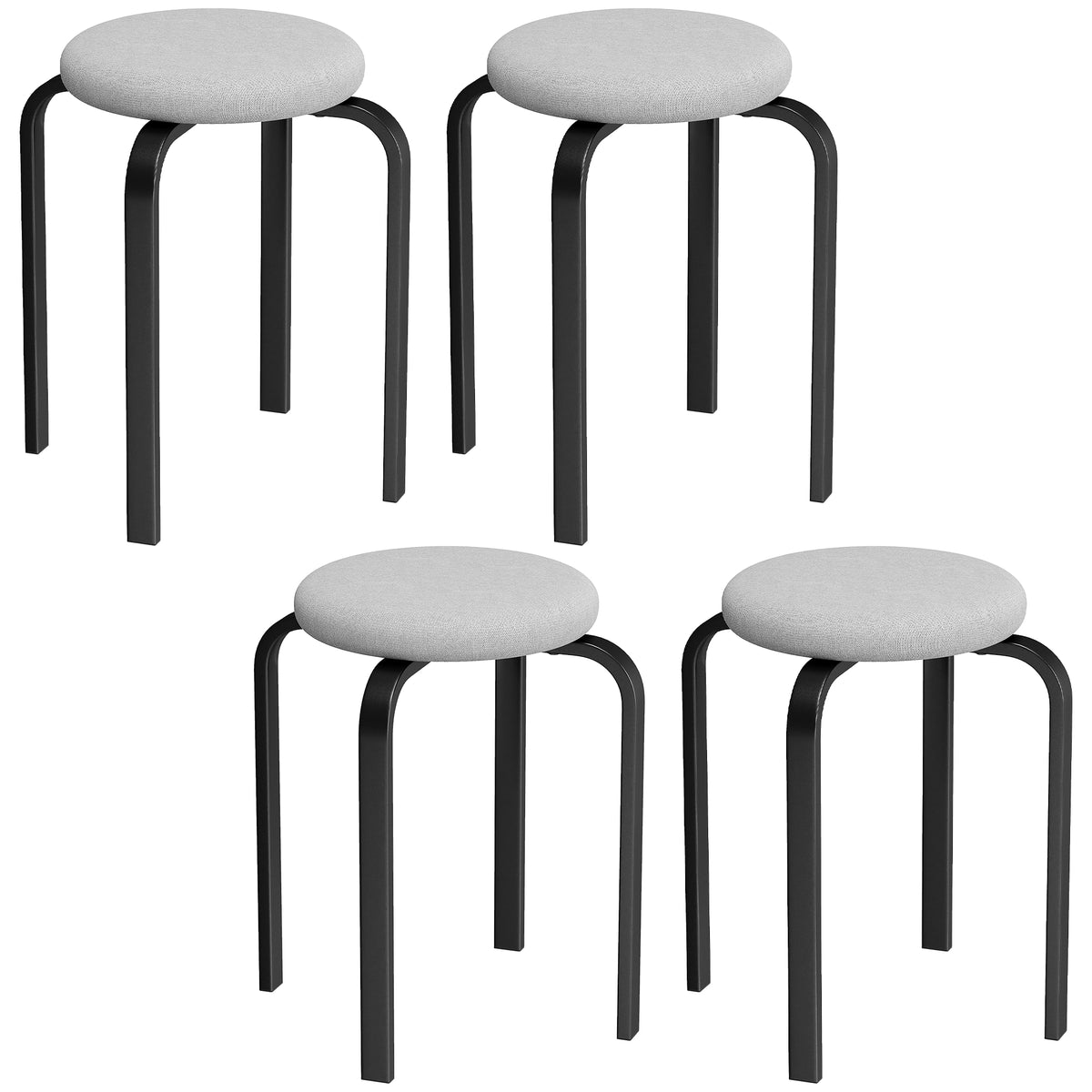 Set van 4 stapelbare krukken, moderne gestoffeerde ronde krukken zonder rugleuning voor keuken, eetkamer, grijs