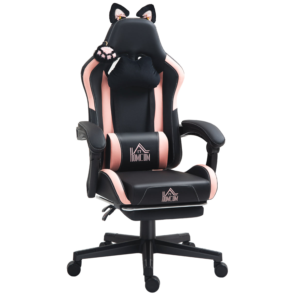 Gaming-stoel met kattenoortjes, kantelbare rugleuning, uitschuifbare voetensteun, tot 120 kg, roze/zwart