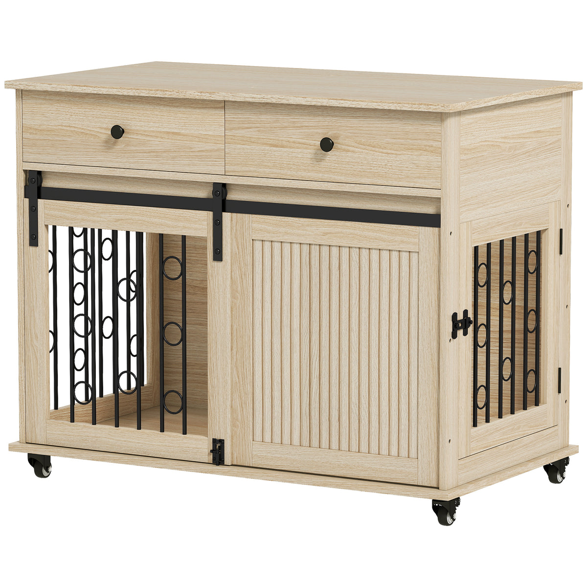 Hondenbench op wielen, 2 deuren, 2 lades, voor middelgrote en grote honden, hout, staal