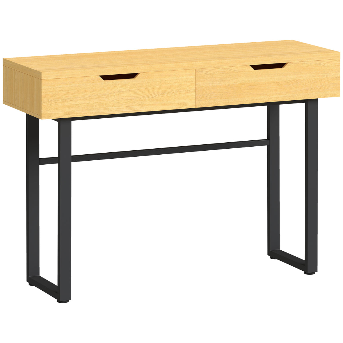 Sidetable, smalle haltafel met 2 lades, metalen frame, voor in de hal, 110 x 35 x 76,5 cm, naturel