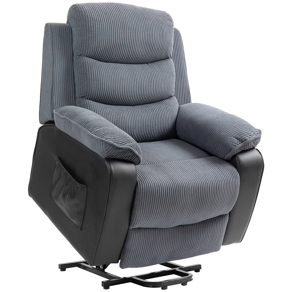 Sta-op-fauteuil met zachte corduroy bekleding, relaxfauteuil met afstandsbediening en zijvakken, donkergrijs