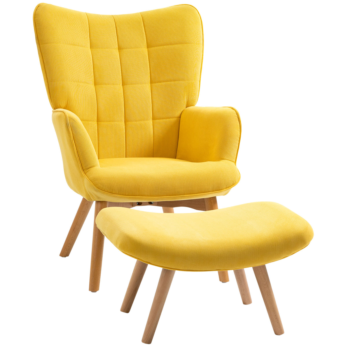 Accentstoel met voetenbank, relaxfauteuil in corduroy-look, leunstoel met houten poten, voor woonkamer, geel