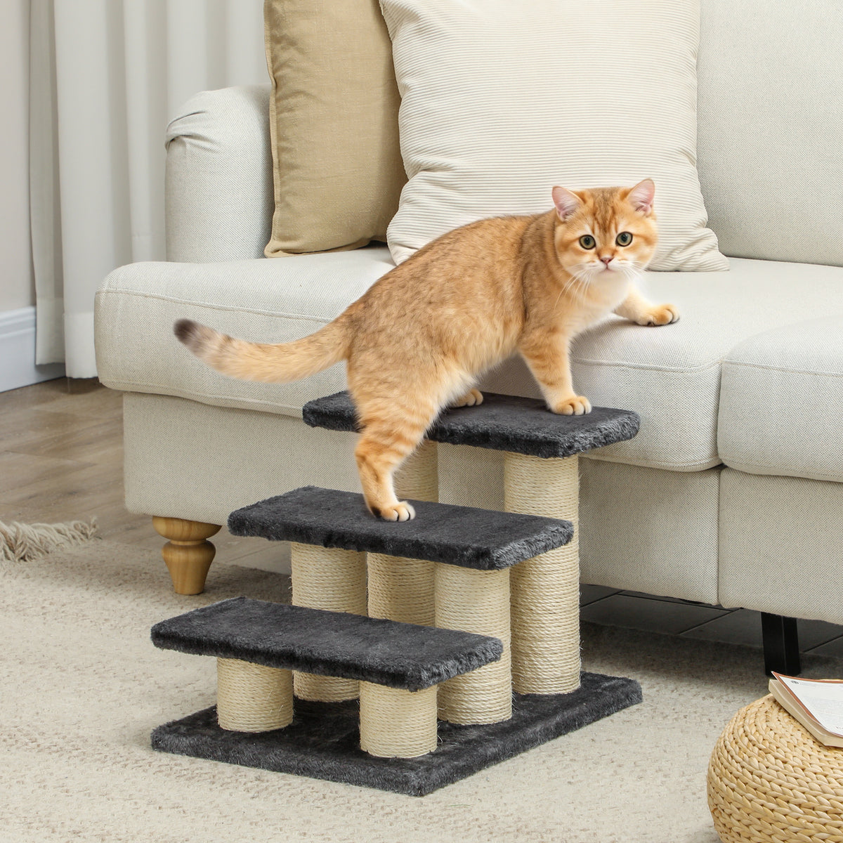 Hondentrap 3 treden 34 cm hoog huisdierentrap voor honden kat kattentrap met krabpaal hondenhelling opstaphulp (2)