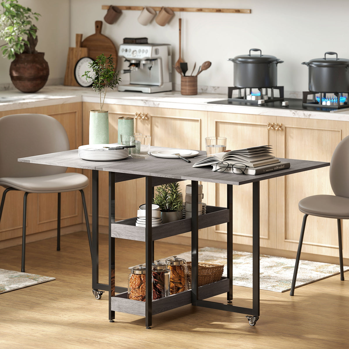 Inklapbare eettafel in industrieel design, voor maximaal 4 personen, open planken, flexibel, metaal, spaanplaat (2)