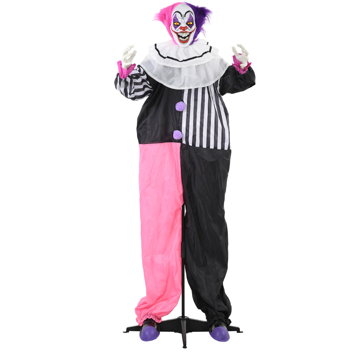 Griezel-clown Halloween-decoratie, beweegbaar, lachfunctie, roze+paars