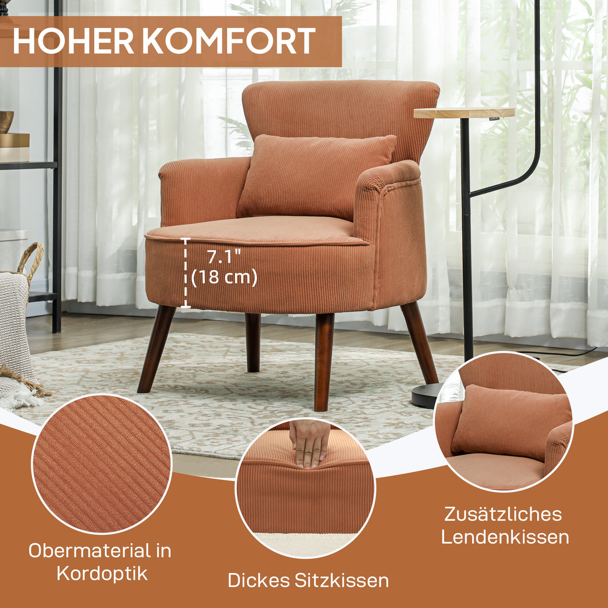 Moderne fauteuil, gestoffeerde accentstoel met lendenkussen, poten van rubberhout, oranje (5)