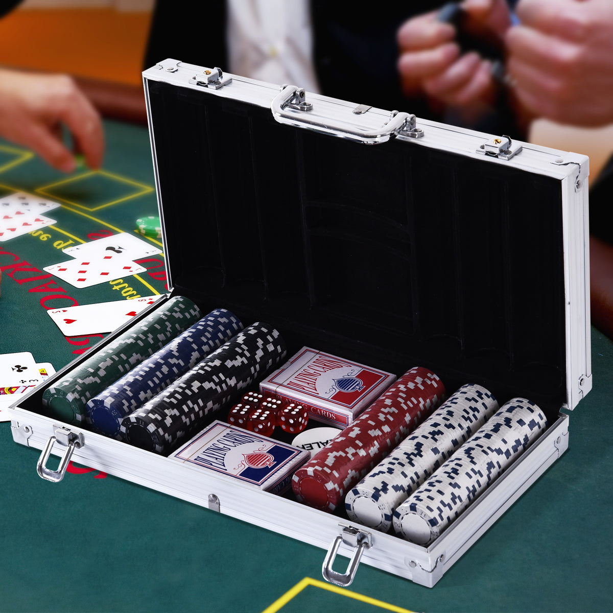 Afsluitbare pokerkoffer pokerset met koffer 300 fiches 5 dobbelstenen 2 kaartspellen accessoires, pokerset (2)