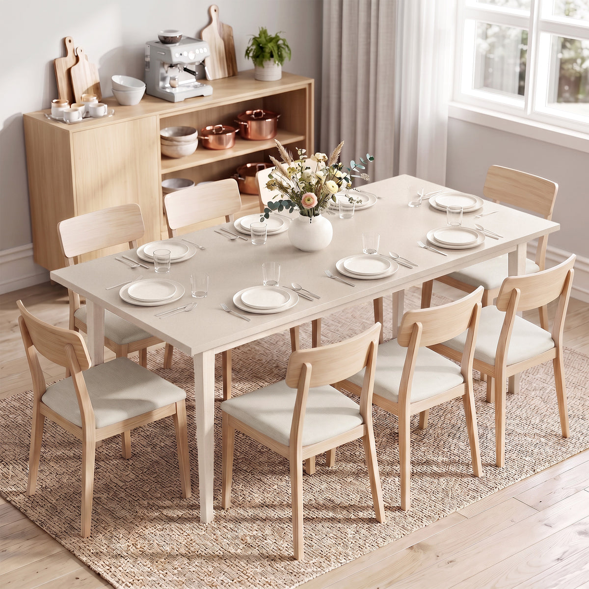 Eettafel voor 8 personen, moderne keukentafel met poten van massief hout, 180 cm, crème (2)