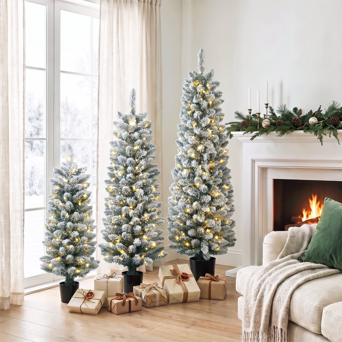 Set van 3 besneeuwde led-kerstbomen, smal, met pvc-takken, 90/120/150 cm (2)