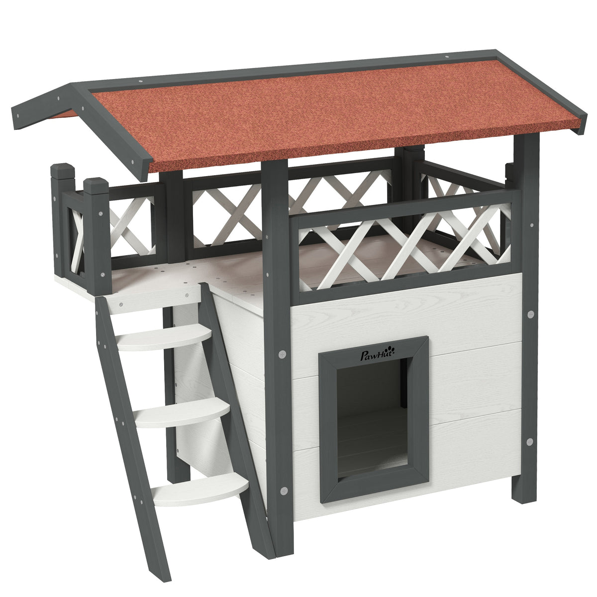 Kattenhuis kattenhut huisdierhut, asfalt dak, 2 niveaus, 1 ladder, wit+rood