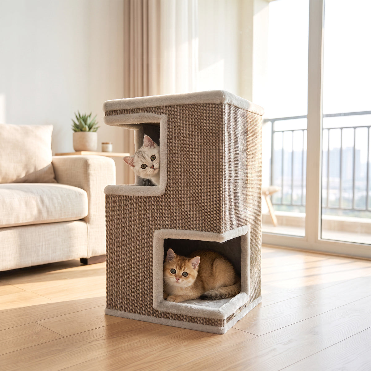 3-laagse kattenton voor binnen, halfopen kattenhol met kraboppervlakken rondom, 2 kattenholen (2)