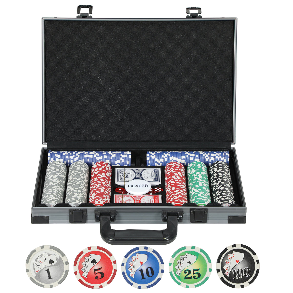 Pokerset, pokerkoffer, 400 fiches, 2 kaartspellen, 5 dobbelstenen, dealerbutton, speelmat