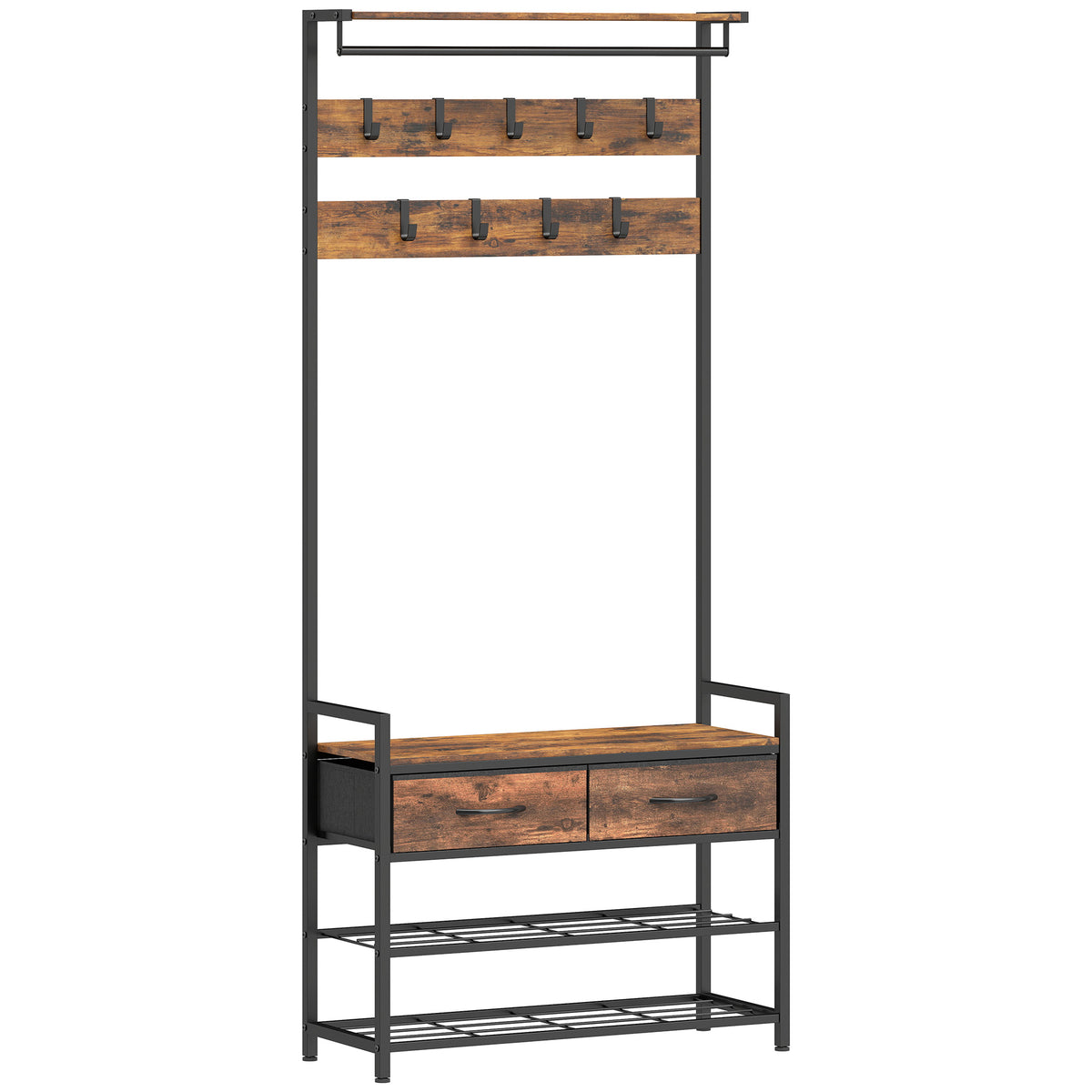 Kapstok met kledinghaken, schoenenbank, industriële halorganizer, stalen frame, rustiek bruin