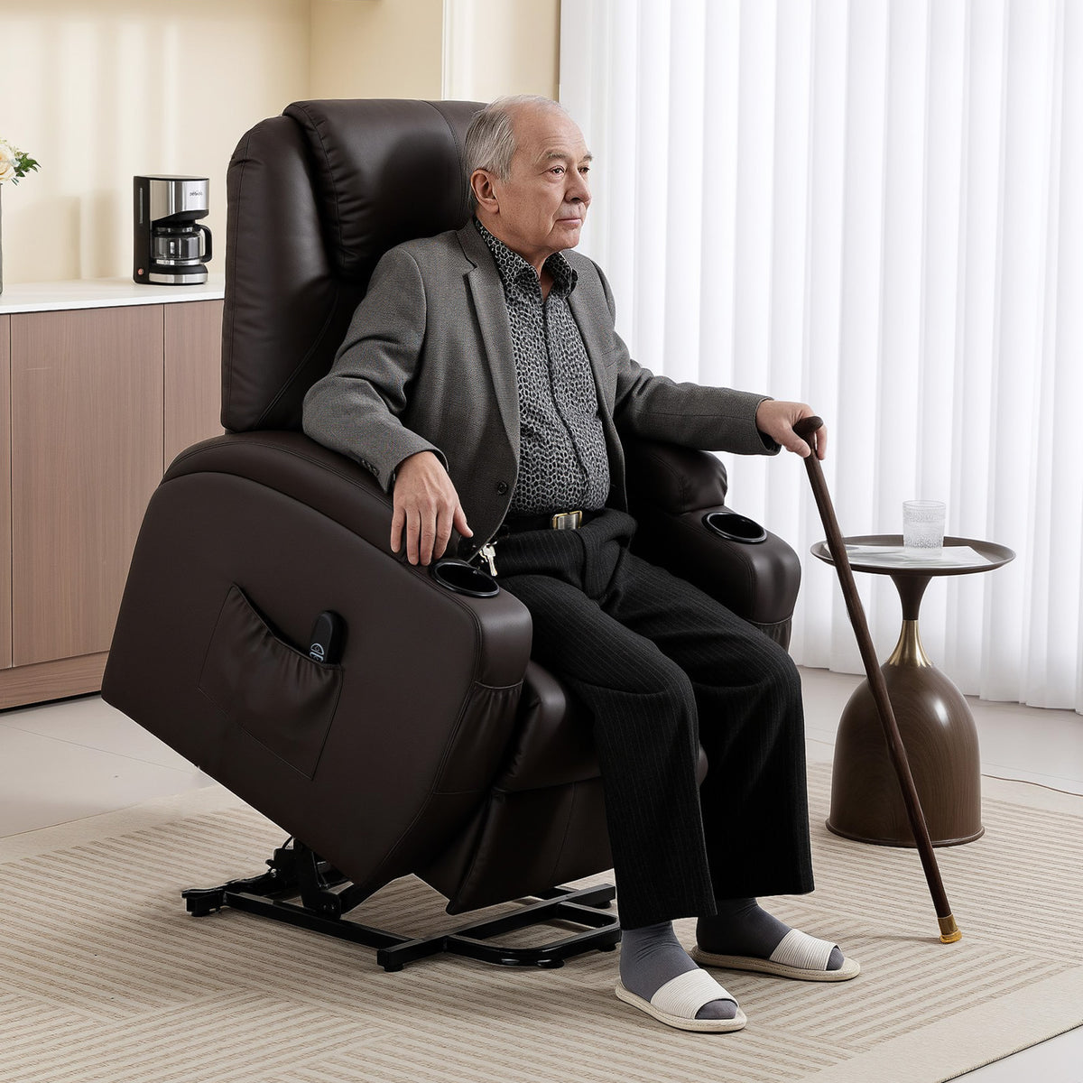 Sta-opstoel, relaxfauteuil met sta-opfunctie, incl. afstandsbediening, bekerhouder, verstelbare rugleuning (2)