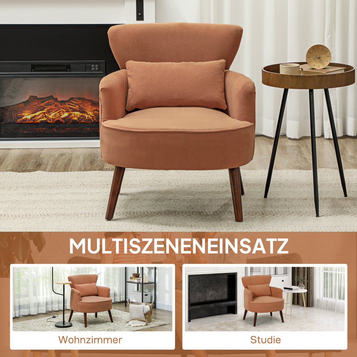 Moderne fauteuil, gestoffeerde accentstoel met lendenkussen, poten van rubberhout, oranje (8)