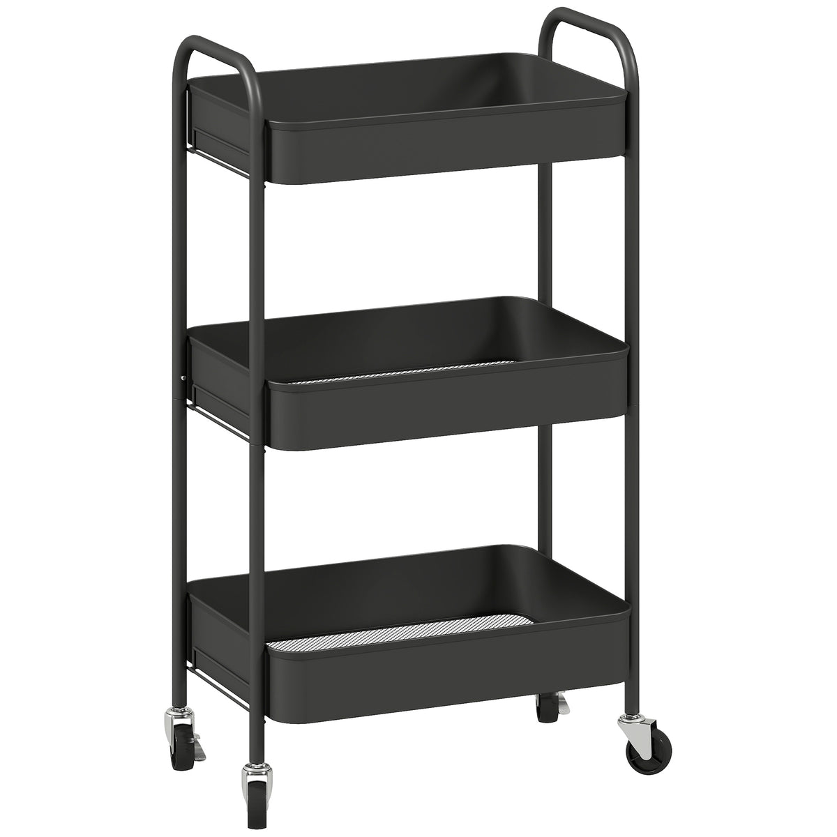 Multifunctionele wagen rolwagen keukentrolley, 3 planken, 4 wielen, 45 cm x 30,6 cm x 79 cm, zwart