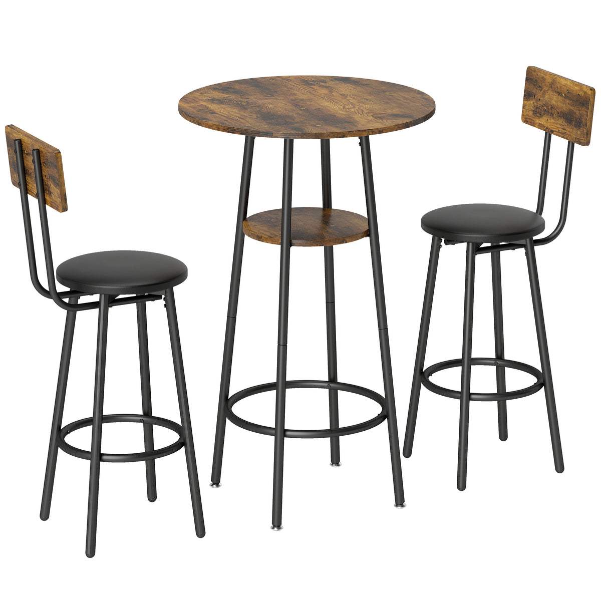 Industriële bartafelset met 2 gestoffeerde krukken, voetensteunen, metalen frame, keukentafel met opbergplank