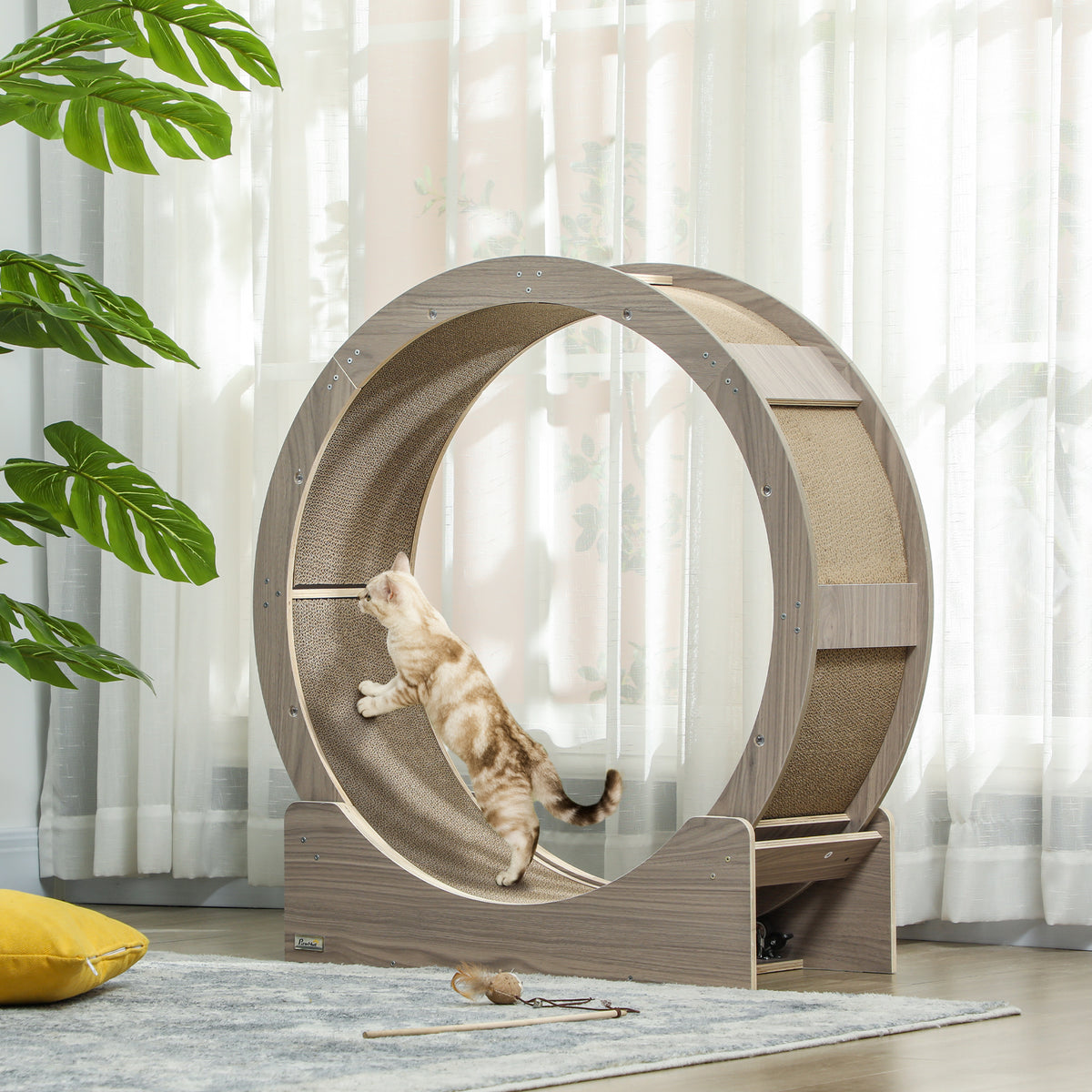 Katzenloopwiel, loopwiel voor katten, 91 cm, met rem, krabmat, kattenwiel voor gezonde beweging, walnoot (2)