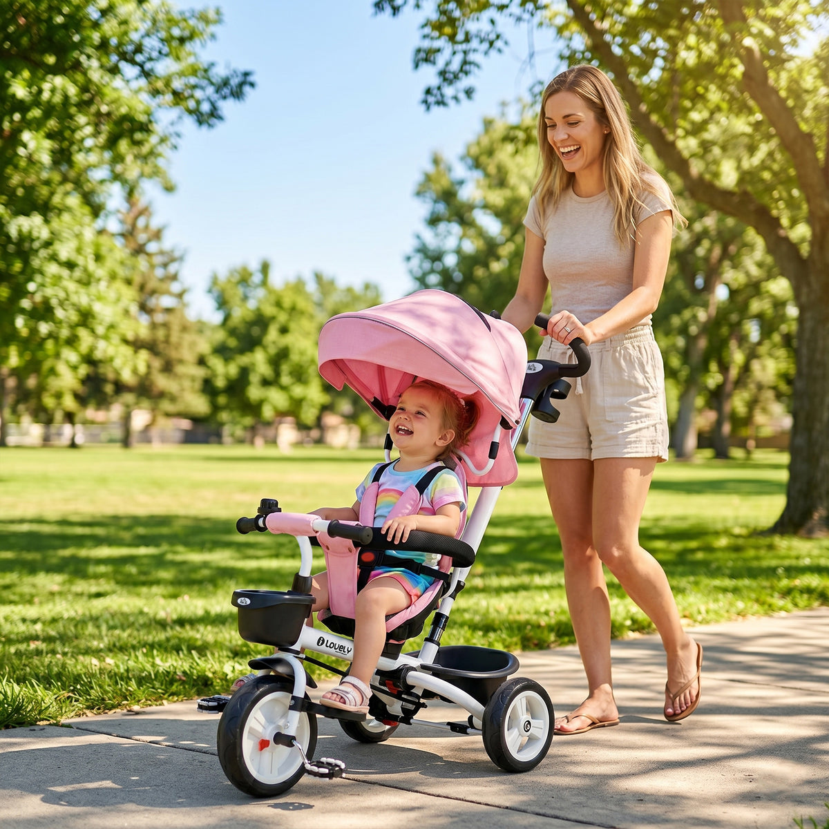 6-in-1 kinder-driewieler met duwstang, zonnekap, veiligheidsgordel, opbergmand, 18+ maanden, roze (2)
