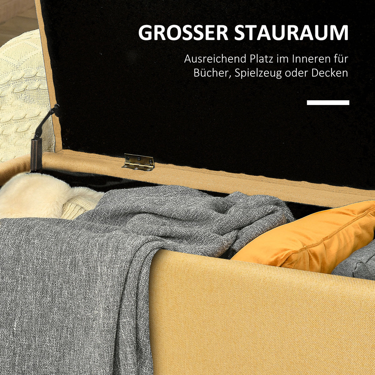 Zitbank, opbergbank, gestoffeerde bank, linnenlook, tot 150kg, 101x38,5x44,5 cm, geel (4)