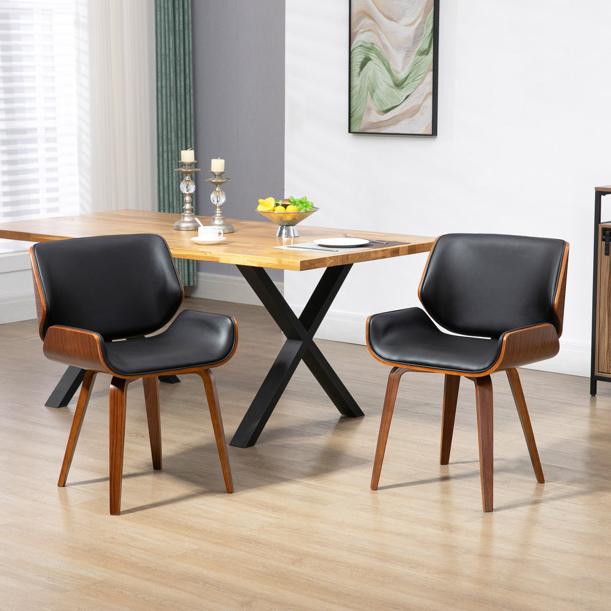 Set van 2 vintage eetkamerstoelen, hout, stoffen bekleding, schuim, zwart (2)