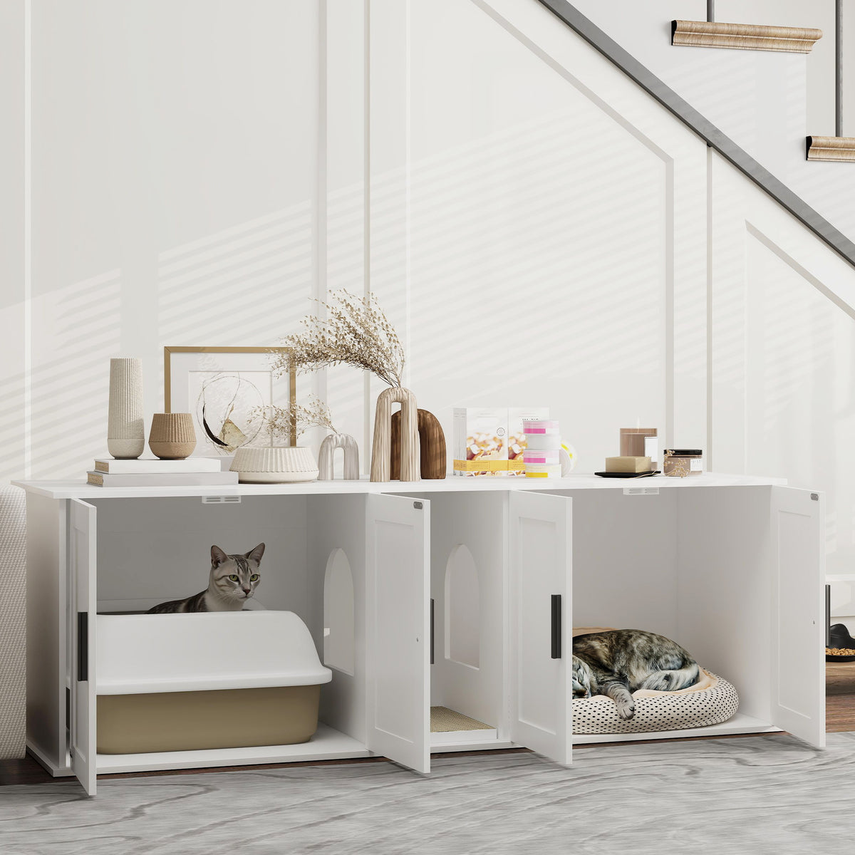 Kattenbakmeubel kattenhuis met deur scheidingswand kattentoilet voor grote katten 145 x 49 x 51 cm wit (2)