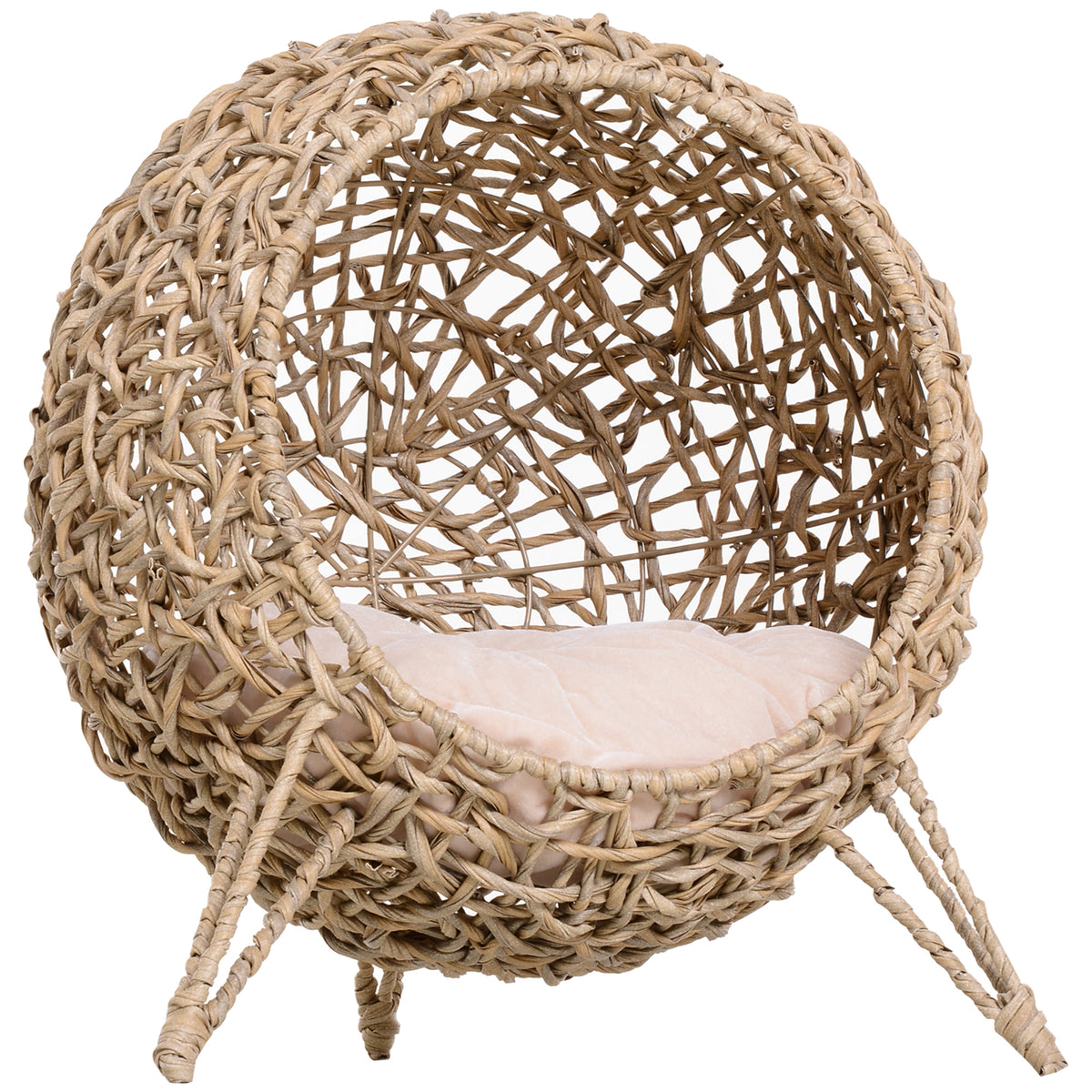 Rattan kattenhuis met kussen, slaapplek voor katten, kattenhol met verhoogde poten, natuur Ø 52 x 58 cm