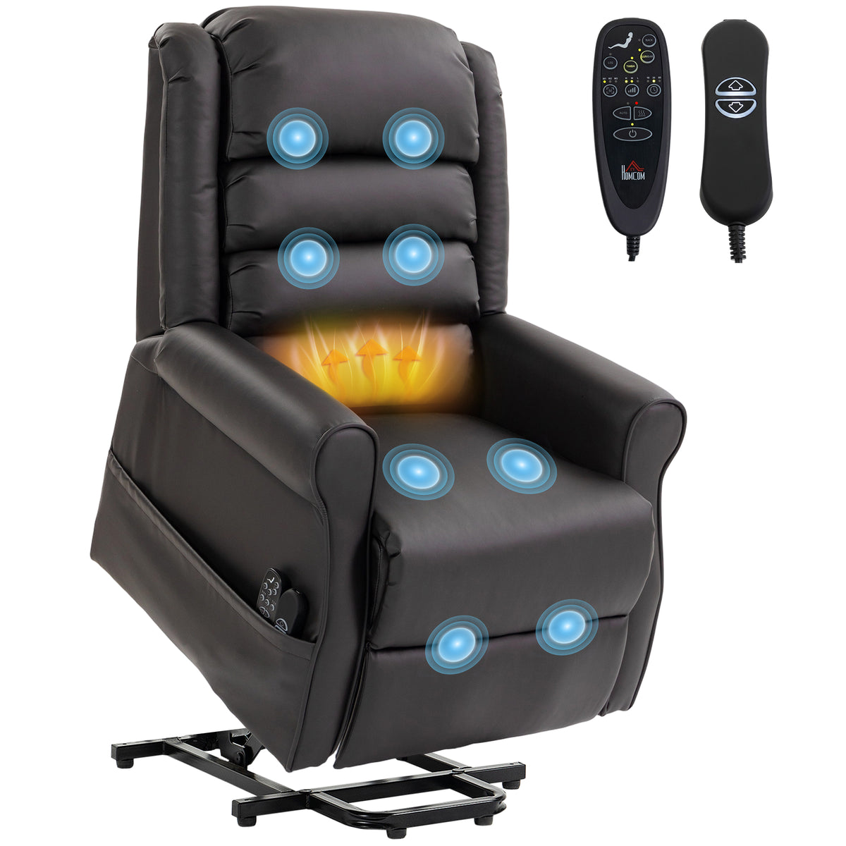 Elektrische sta-op-stoel met vibratiemassage en warmtefunctie, seniorenstoel van bruin kunstleer