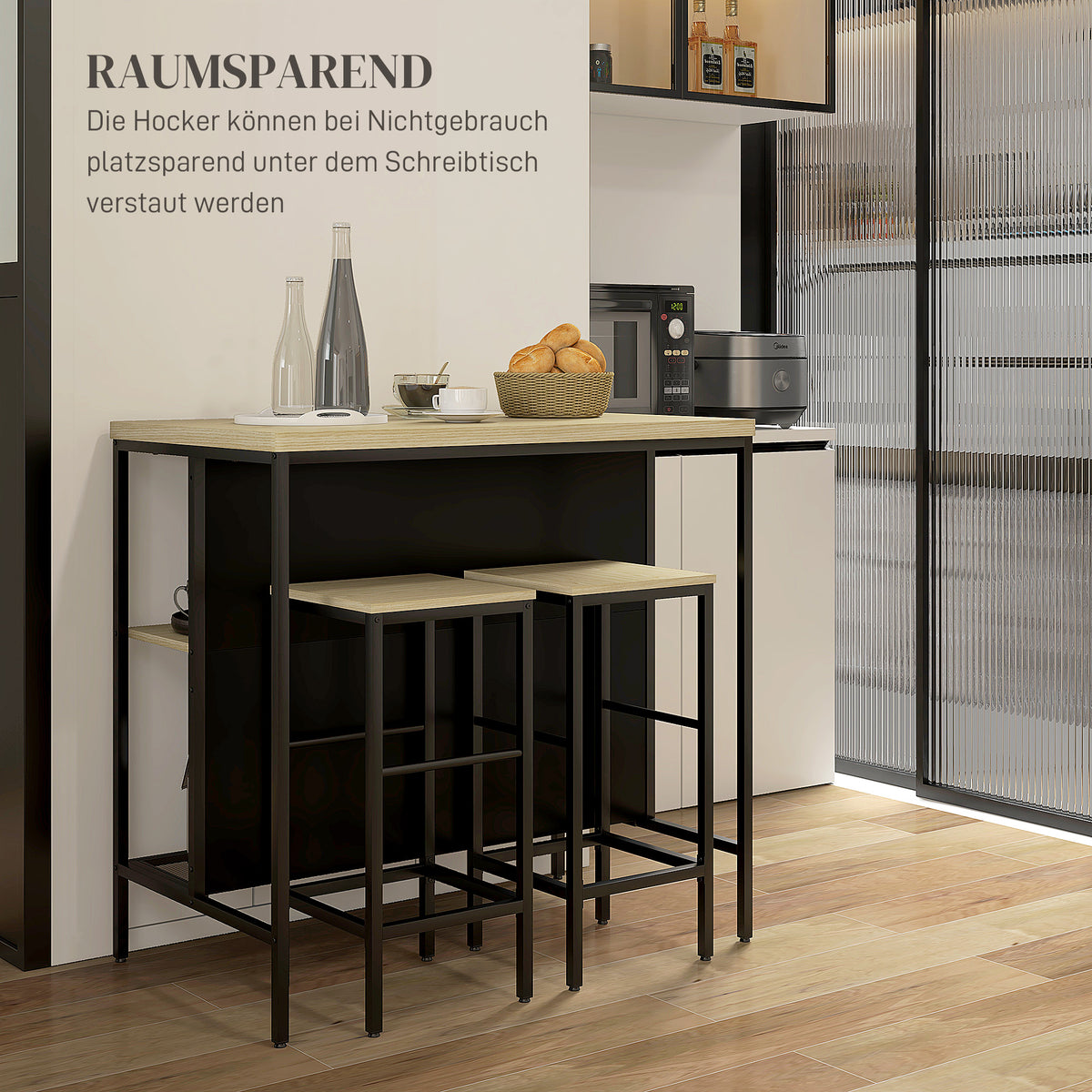 Barset, 2 barkrukken & 1 barstafel, vlekbestendig, stabiel, stalen frame, zwart/eiken (6)