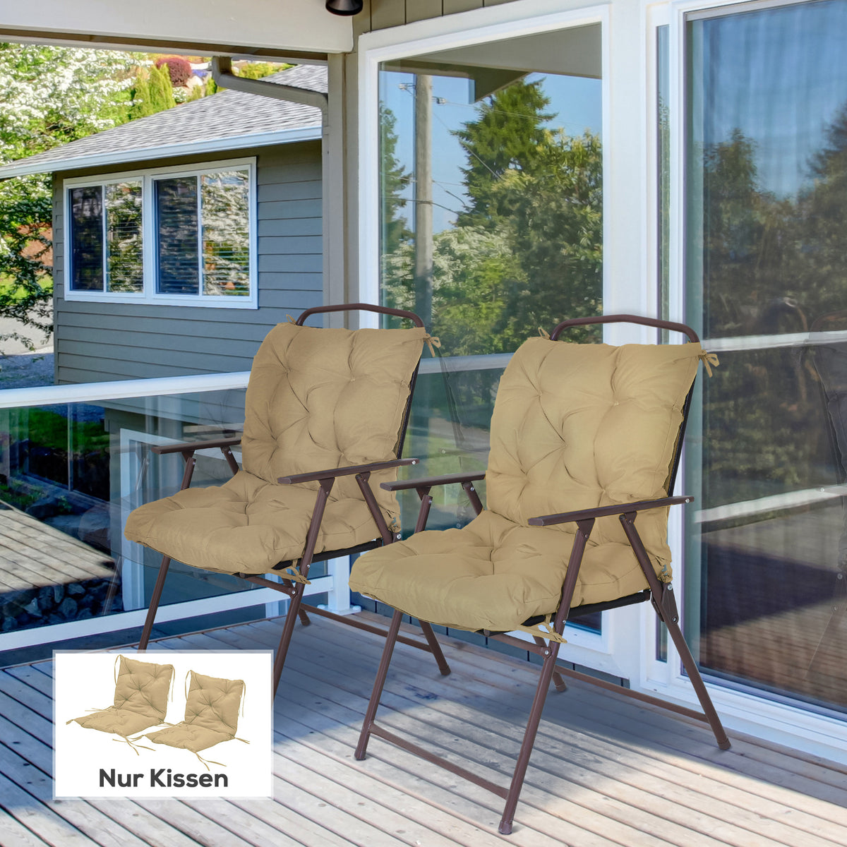 Set van 2 zitkussens, 98 x 50 cm stoelkussens met strikbanden, stoffen bekleding, 8 cm dik kaki (2)