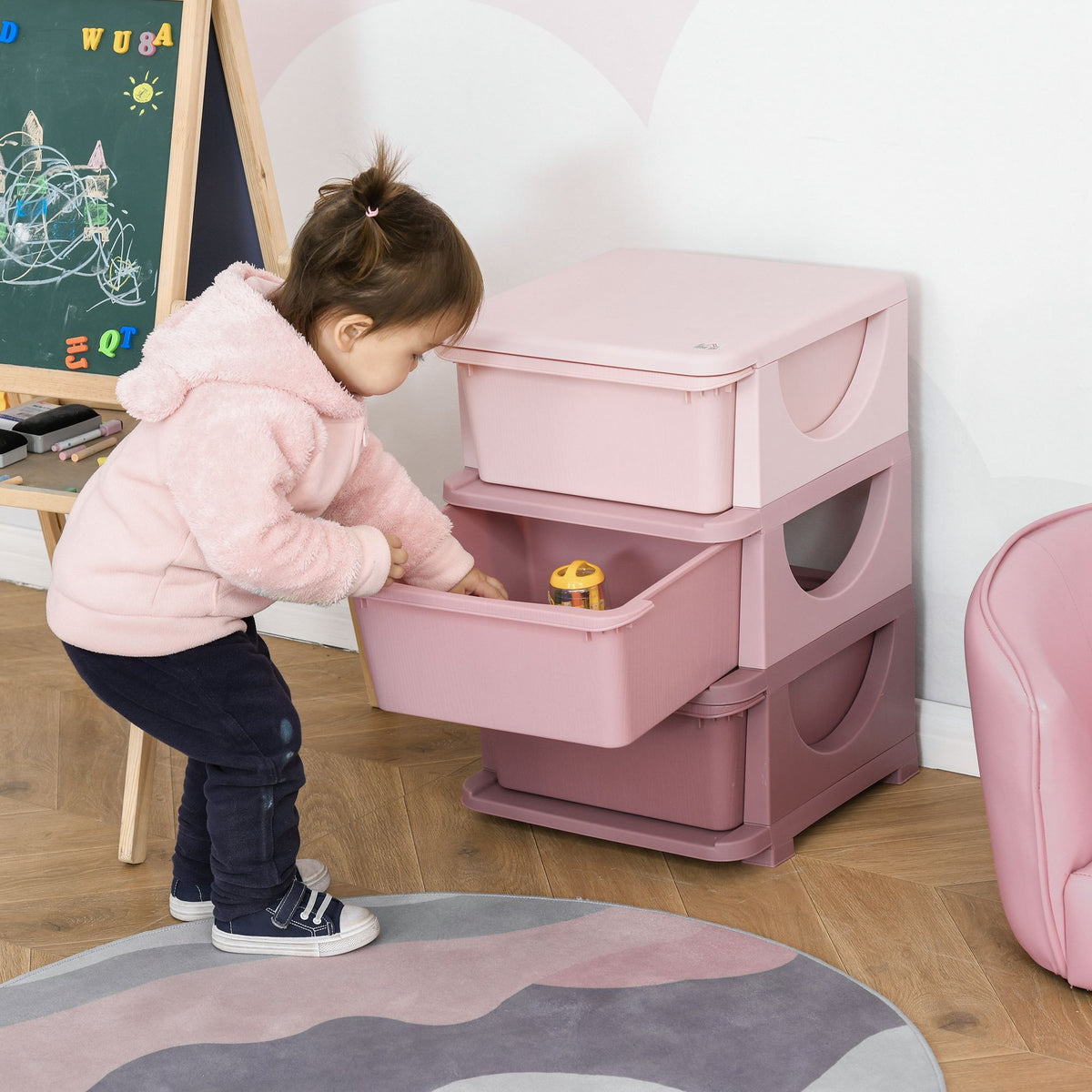 Opbergboxen voor kinderen, 3 lades, afgeronde randen, verhoogd ontwerp, 37x37x56,5 cm, roze (2)