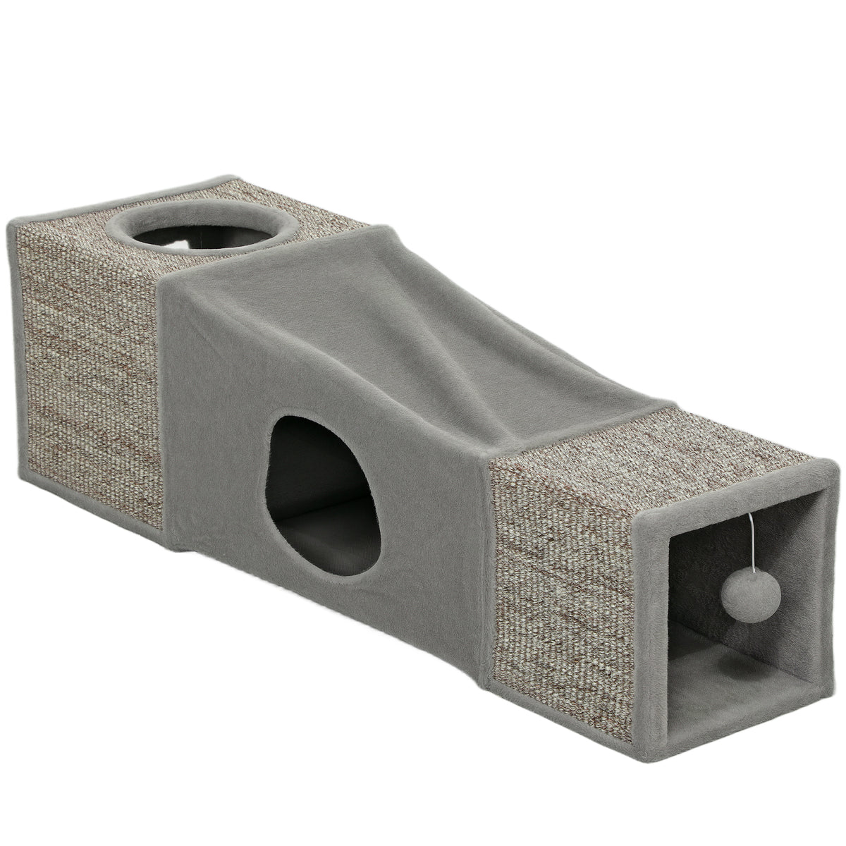 Kattentunnel, 2 kattenholen, kraboppervlakken en balspeelgoed, 98 cm x 30 cm x 30 cm, bruin + grijs