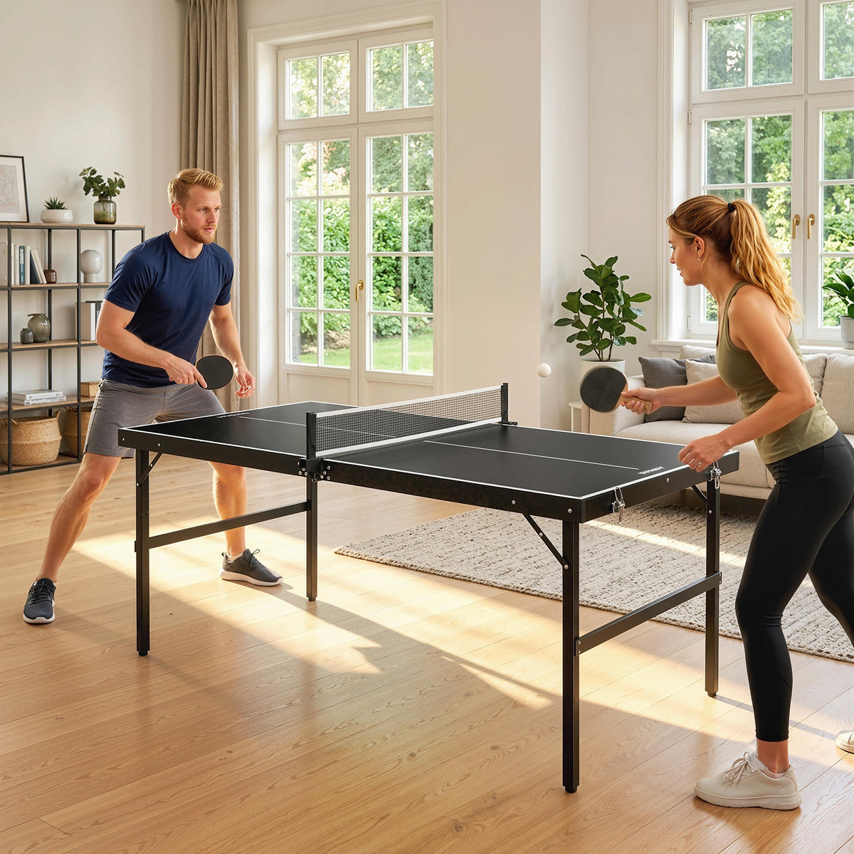 Tafeltennisset, inklapbaar, slot en handvat, aluminium frame, 152x76x72 cm, zwart (2)