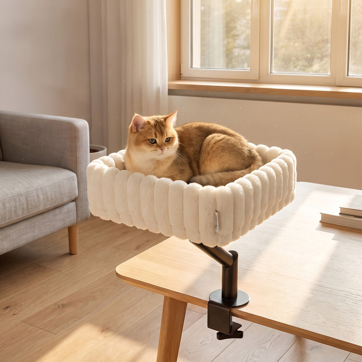 Kattenbureau-bed, kattenmand voor bureau met 360°-rotatie, hangende bal en verstelbare klem voor katten onder 6 (2)
