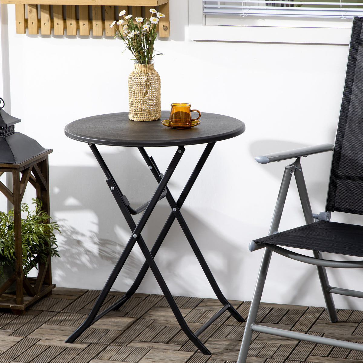 Tuintafel, rond, inklapbaar, voor 2 personen, houtlook, staal+kunststof, donkergrijs, 60 x 60 x 73 cm (2)