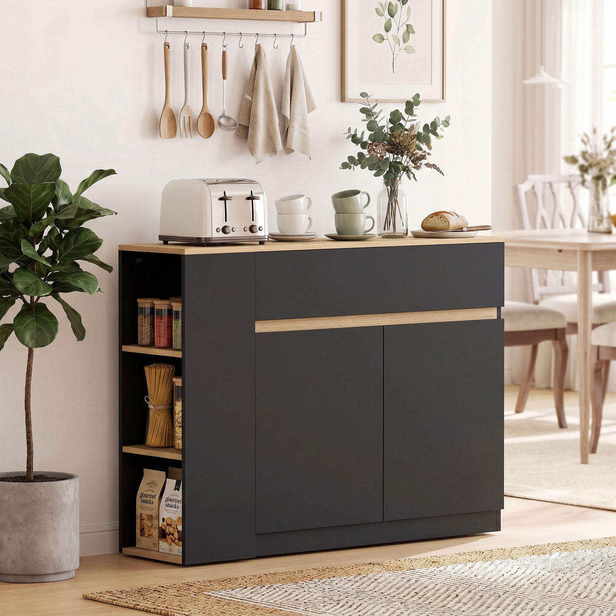 Dressoir, buffetkast, groot kastcompartiment, 3-staps plank, lade, zwart, 110 x 29,5 x 82 cm (2)