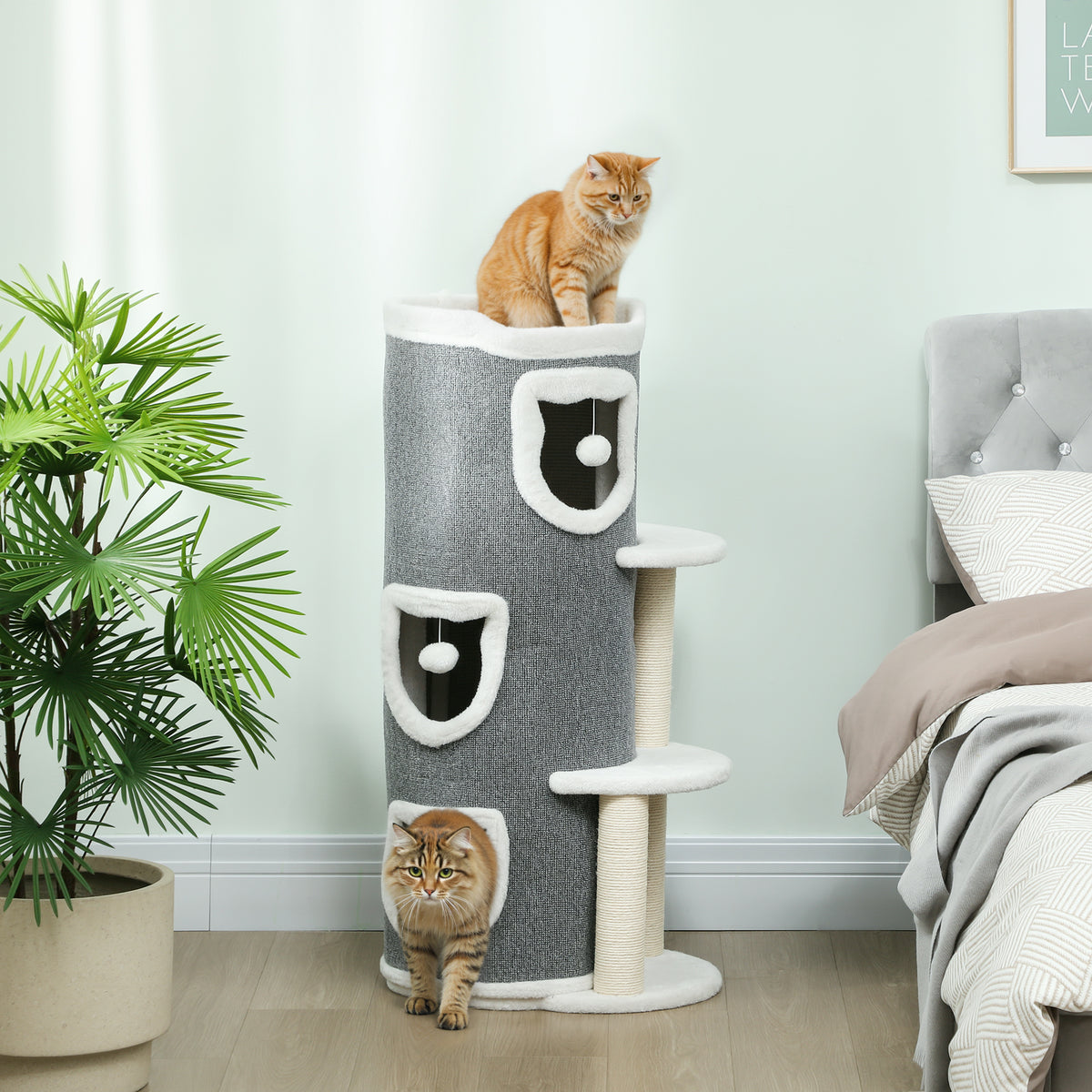101 cm kattentoren, 3 niveaus, 3 slaapholletjes, speelballen, krabpalen, sisal, spaanplaat, grijs (2)
