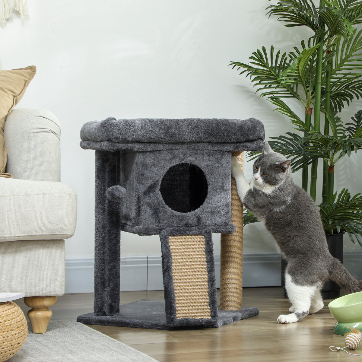 Krabpaal met jute krabmat, ligplateau, speelbal, kattenhuis, beige, 40 x 40 x 57 cm (2)