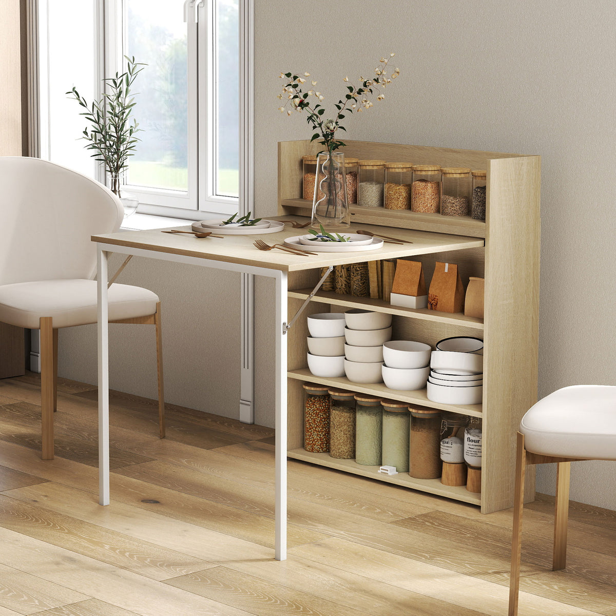 Klapbare eettafel met rek, industrieel design, ruimtebesparend, voor kleine ruimtes, 78,5 x 91 x 93 cm, eiken (2)