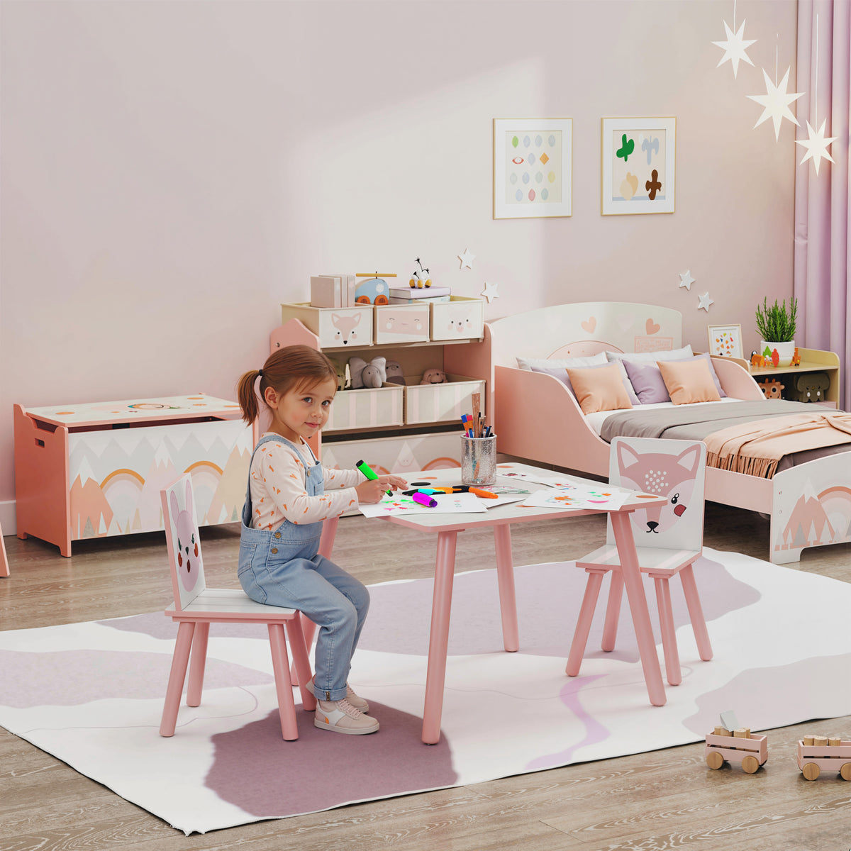 Kindersetzgroep van grenenhout, tafel met 2 stoeltjes, diermotief, kinderkamer, 3-8 jaar, roze (2)