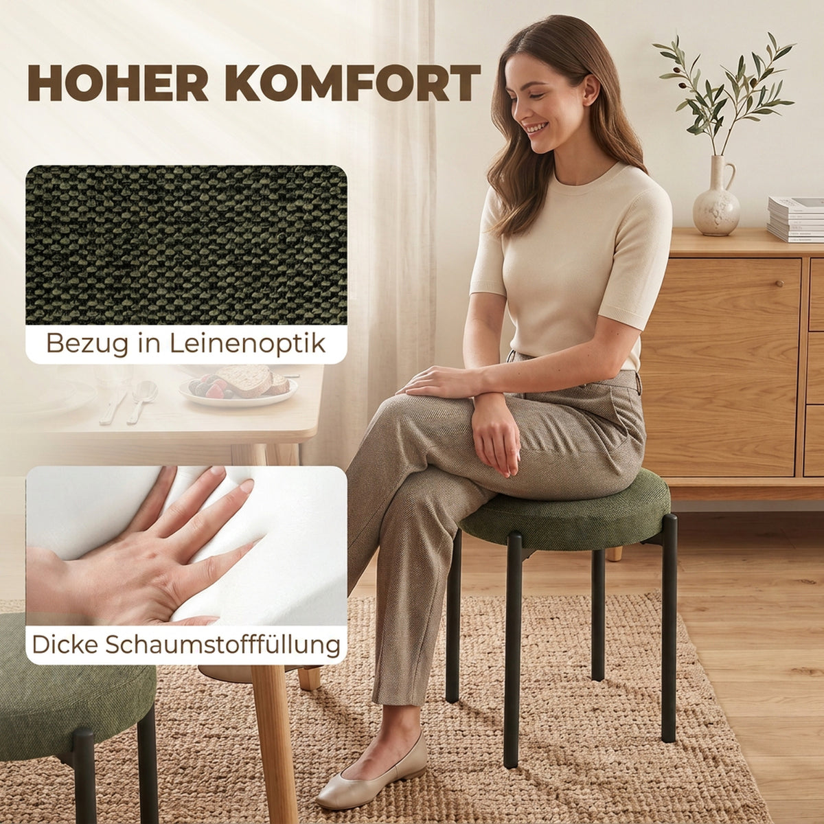 Eetkamerkrukken set van 4 stapelbare krukken met stalen poten, linnenlook voor eetkamer, woonkamer, keuken (5)