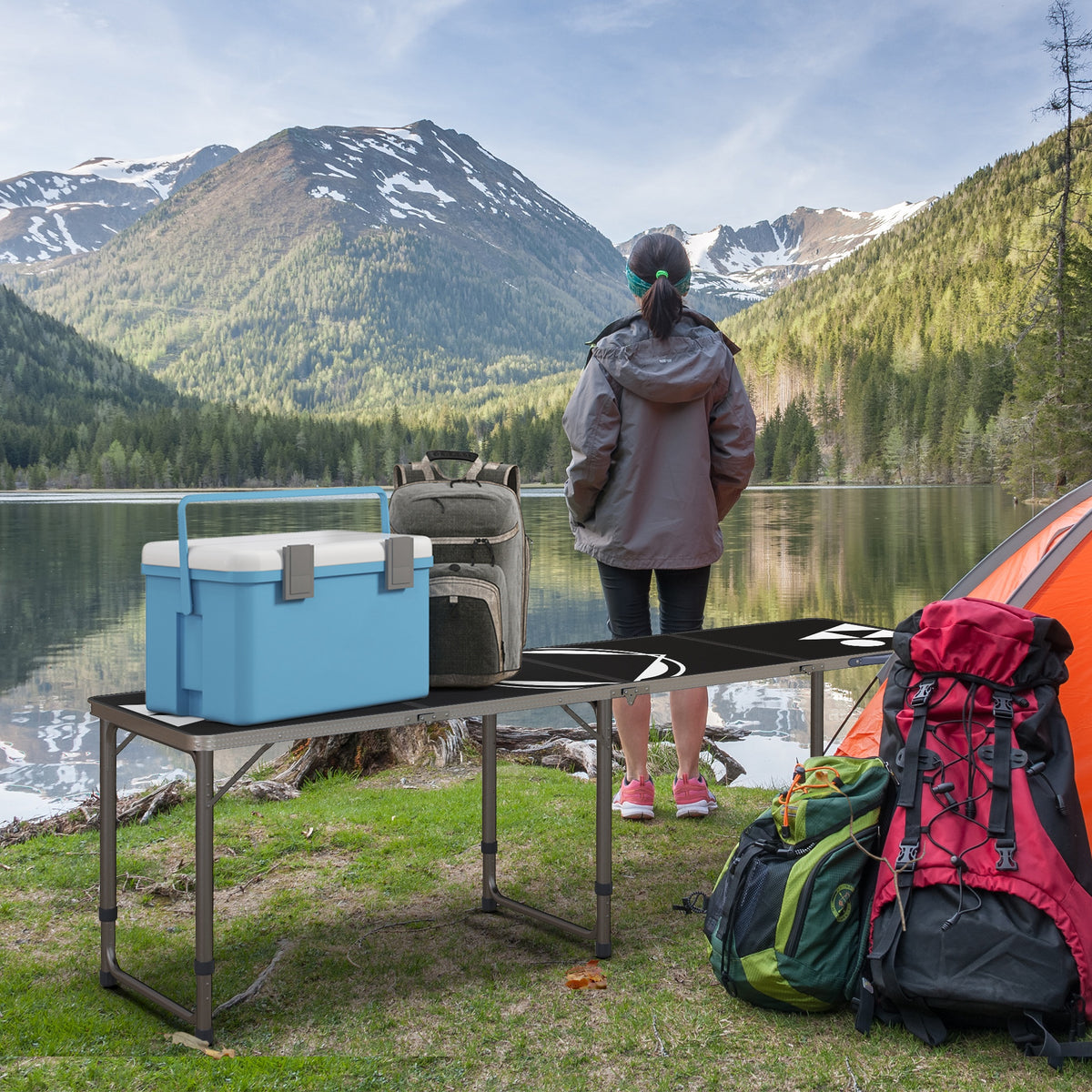 Campingtafel, inklapbaar, lichtgewicht, in hoogte verstelbaar, aluminium frame, 240 x 60 x 54/62/70 cm, zwart (2)