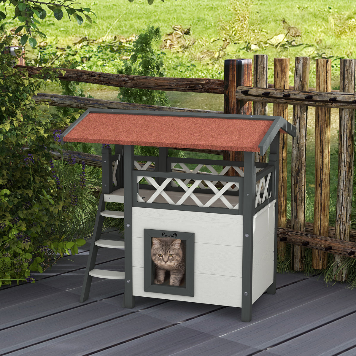 Kattenhuis kattenhut huisdierhut, asfalt dak, 2 niveaus, 1 ladder, wit+rood (2)