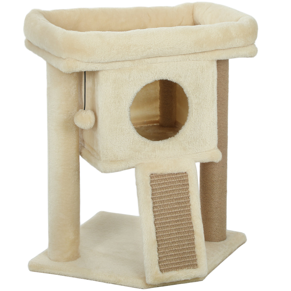 Krabpaal met jute krabmat, ligplatform, speelbal, kattenhuis, beige, 40 x 40 x 57 cm