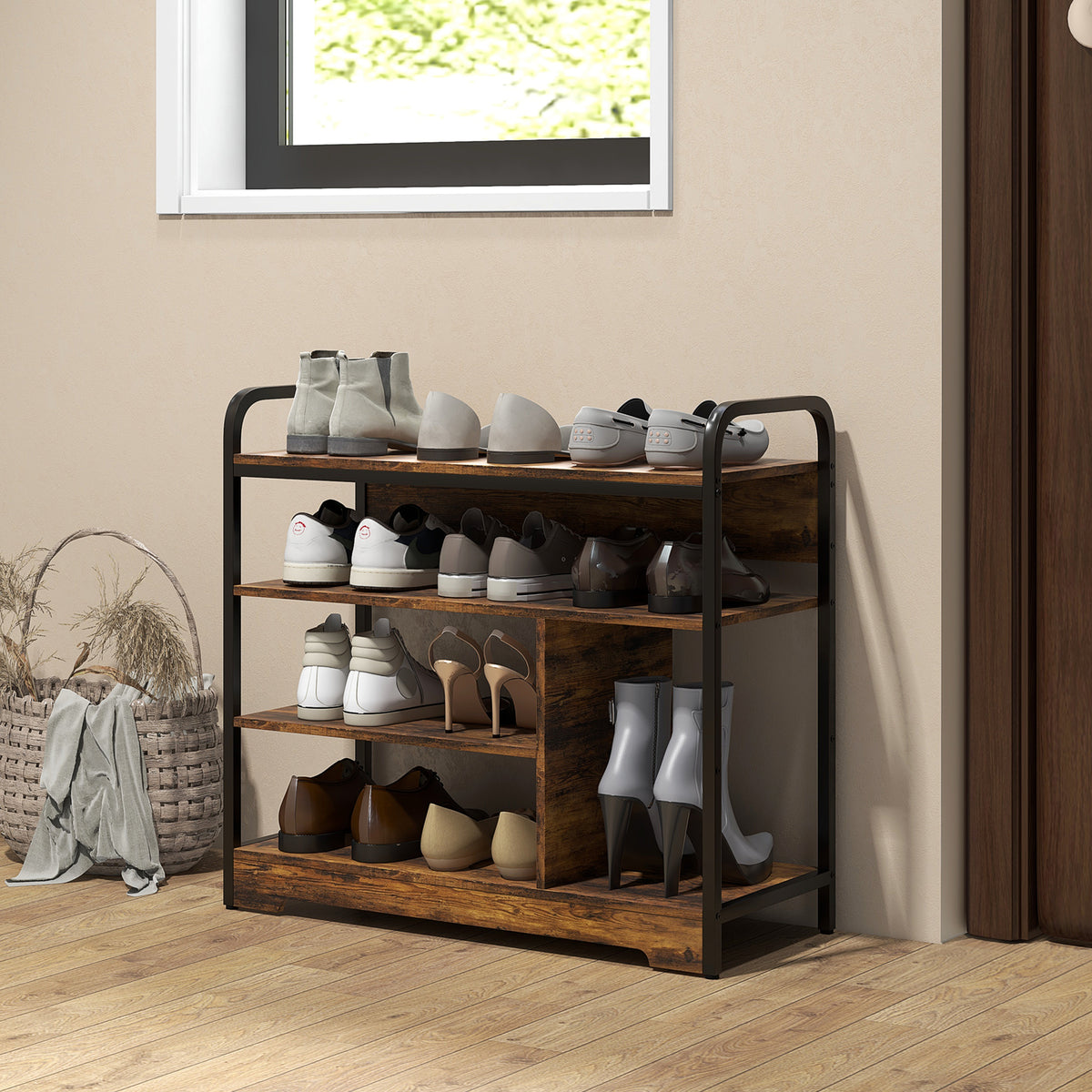 Schoenenrek 4 niveaus, open design, metalen frame, verstelbare voetjes, 70x30x65 cm, bruin/zwart (2)