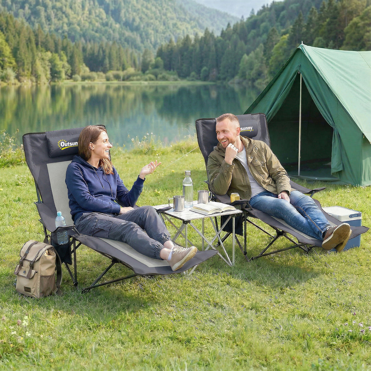 Set van 2 inklapbare campingstoelen visstoel met verstelbare rugleuning, voetensteun, bekerhouder en hoofdsteun (2)