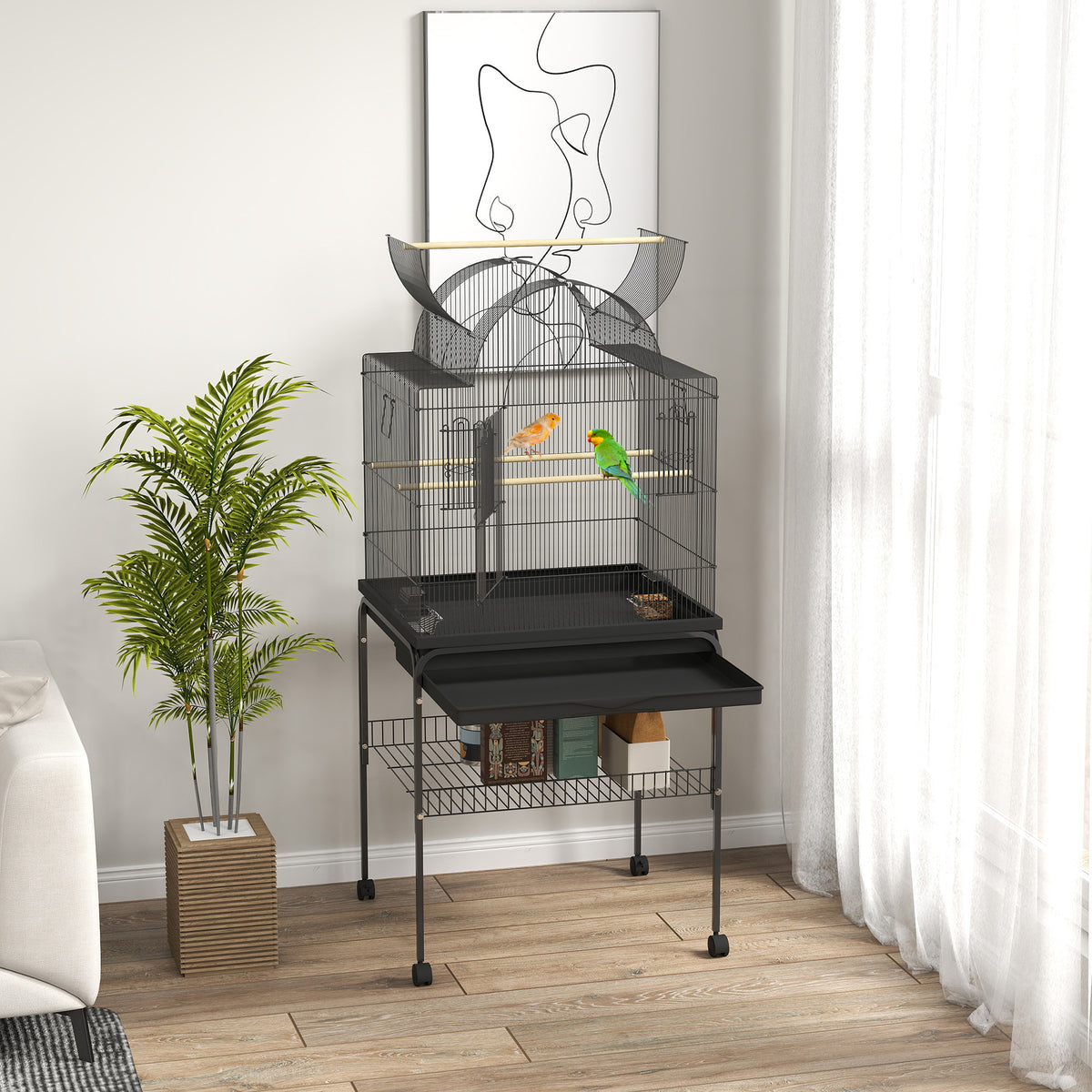 Vogelkooi voor kanaries & parkieten, mobiel, met bodemlade, metalen tralies, zwart (2)